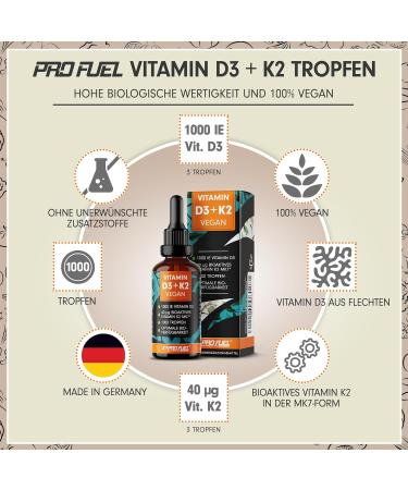 Vitamin D3 + K2 Drops - Vegan 1000 IU D3 & 40 MCG K2 MK7 - High Bioavailability - 50ml - Laboratory Tested - Buy Online on GoSupps.com
