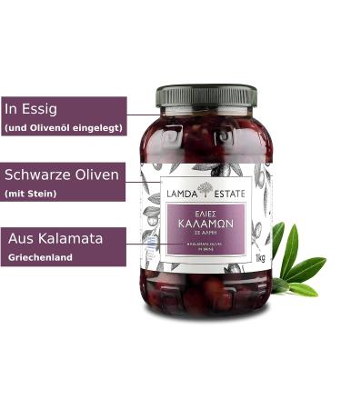 Buy Lamda Estate Kalamata Olives 1 KG - Natural Stone-Ripened Jumbo Greek Black Olives Pickled in Brine - International Shipping Available - Buy Online on GoSupps.com