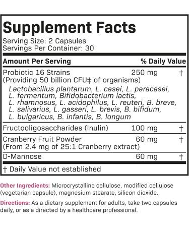 Futurebiotics Women's Probiotic 50 Billion CFU + Prebiotic with Cranberry & D-Mannose Digestion Immune and Urinary Tract Support Non-GMO 60 Vegetarian Capsules - Buy Online on GoSupps.com