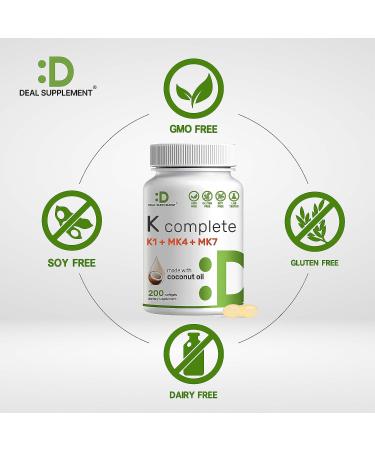 DEAL SUPPLEMENT Premium K Complete - High Potency Vitamin K1 K2 MK-7 & MK-4 Complex 200 Coconut Oil Softgels for Bone & Heart Health - Buy Online on GoSupps.com
