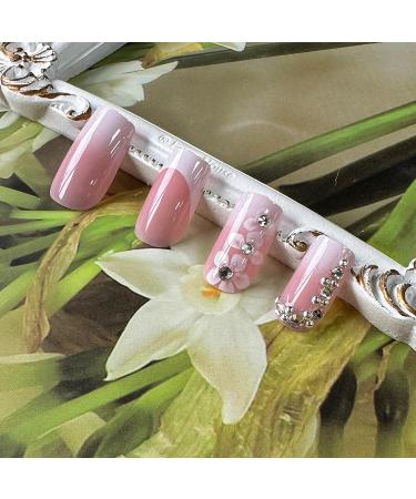 24 Pcs Gradient Pink French Tip Press on Nails with Rhinestones & Flowers - Medium Square False Nails for Women - Buy Online on GoSupps.com
