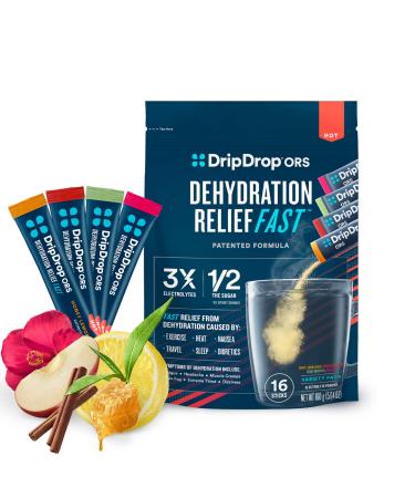 DripDrop Hydration - Electrolyte Powder Packets - Spiced Apple Cider, Hibiscus, Honey Lemon Ginger, Decaf Green Tea - 16 Count Hot Classics Variety Pack 16 Count (Pack of 1)