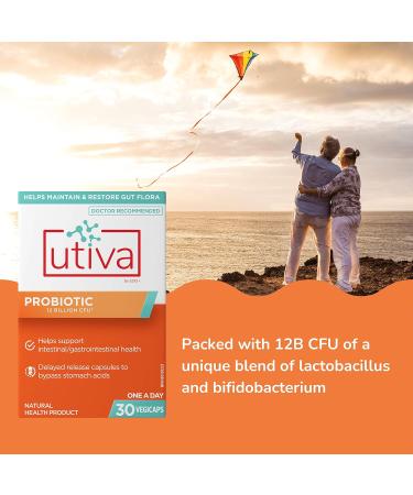 Utiva Probiotic Urinary Tract and Gut Health Supplement 12 Billion CFU Lactobacillus & Bifidobacterium Probiotic for Men and Women 30 Delayed Release Vegi Capsules - Buy Online on GoSupps.com