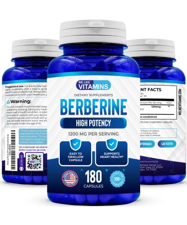 We Like Vitamins Berberine 1200mg Pure Max Strength - 180 Gluten-Free Vegetarian Capsules - 1200mg per Serving Berberine Supplement  90 Servings of Berberine HCL1200mg 180 Count (Pack of 1)
