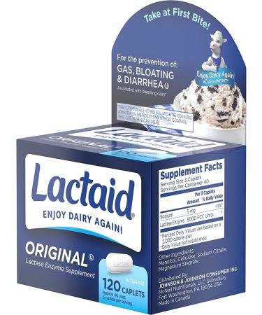 Lactaid Original Strength Lactose Intolerance Relief Caplets 120 ct - Natural Lactase Enzyme Dietary Supplement for Gas, Bloating & Diarrhea Prevention - Buy Online on GoSupps.com