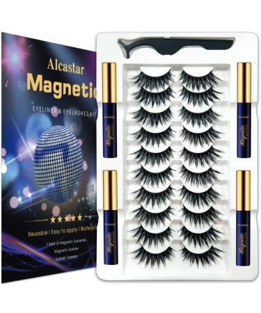Alcastar 3D Magnetic Eyelashes with Eyeliner Kit Magnetic Lashes Natural Looking Long Lasting 10 Pairs Reusable False Eyelashes Easy to Apply Waterproof Easy to Use Comfortable.