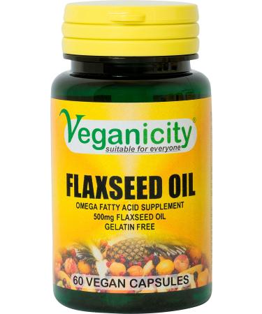 Veganicity Flaxseed Oil 500mg : Omega-3 -6 -9 Fatty Acid Supplement - 60 Gelatin Free Capsules in a Planet-Friendly 99% Recycled Pot
