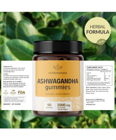 HERBAMAMA Ashwagandha Gummies - 2000mg Pure Ashwagandha Root with Black Pepper for Calm & Mood Support - Vegan Non-GMO Calming Supplements for Adults - 90 Pectin-Based Banana-Flavored Chews - Buy Online on GoSupps.com
