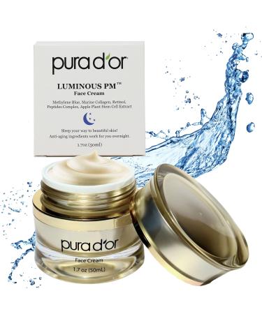 PURA D'OR 1.7 Oz Luminous PM Face Cream - Methylene Blue Marine Collagen Retinol Peptides Apple Stem Cell Extract - Anti-Aging Nighttime Moisturizer - Overnight Facial Treatment For Women & Men