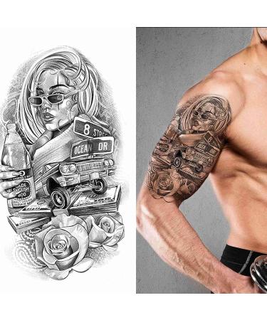 Quichic 200+ Pcs Temporary Tattoo Skull Angel Large Half Sleeve Tattoos for Men Women Arm Fake Tattoos for Sleeves God Body Tattoos Prison