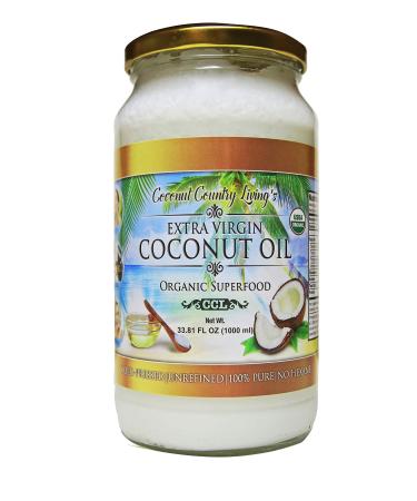 Coconut Country Living's Extra Virgin Coconut Oil in Glass Jar- Cold Pressed, Unrefined organic Superfood for Hair, Skin, Beauty, Cooking - Keto & Paleo Diet Friendly - 33.81 oz 2.11 Pound (Pack of 1)