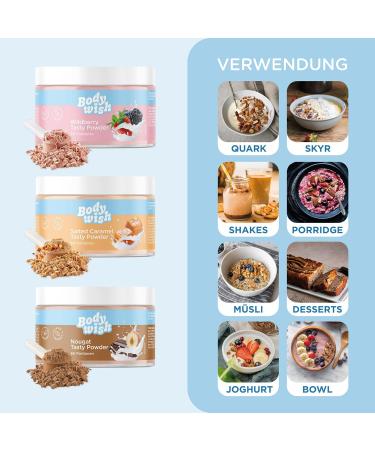 Bodywish Mixed Tasty Powder - Low-Calorie Sugar Substitute - Salted Caramel Wildberry & Nougat - 3 x 150g | Natural Flavor Enhancer for Healthier Living - Buy Online on GoSupps.com