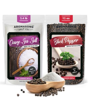 Aromasong Organic Coarse Sea Salt (2.43 LB.) with Black Peppercorn (12 OZ) Grinder, Mill Refill Combo Set for Cooking & Baking - Bulk Resealable Bag