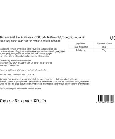Doctor's Best Trans-Resveratrol 100mg | ResVinol | 60 Vegan Capsules | Lab Tested | Gluten & SOYA Free - Buy Online on GoSupps.com