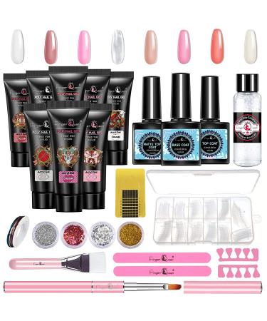 FingerQueen Poly Nail Gel Kit, Polygel Nail Kit 8 Colors Builder Nail Extension Gel with Base Top Coat Nail Art Tools Clear Nude White Pink Acrylic Nail Starter Kit