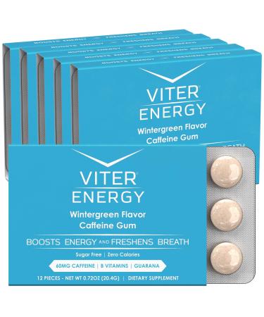 Viter Energy Caffeinated Gum 60mg Caffeine B Vitamins Guarana Sugar Free. (Wintergreen 12pcs 6 Pack) Wintergreen 12 Count (Pack of 6)