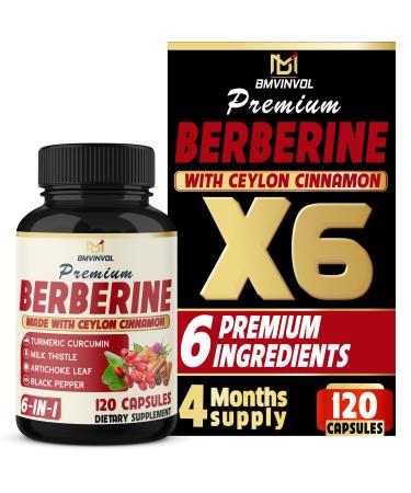 BMVINVOL 6in1 Berberine Supplement with Ceylon Cinnamon Tumeric Root Milk Thistle Artichoke Black Pepper -120 Capsules for 4 Month Supply