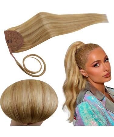 Runature blond ponytail extensions real hair highlight 35cm straight real hair braid gold blonde with light blond remy ponytail hair part real hair brief color 16p24 70g 35 cm 1-braid#16P24