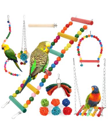 PrimePets 13 Pcs Bird Parakeet Toys, Bird Cage Swing Toys, Colorful Hanging Bell Hammock Climbing Ladder Toys for Cockatiel, Conure, Finches, Mynah, Love Birds