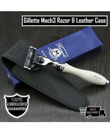 Gent's Shaving Triple Edge Cartridge Compatible Razor in Ivory Colour & Genuine Leather Protective Pouch | Men's Shaving & Grooming Gents Travel Essentials - Gift for Him