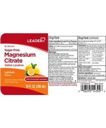 Leader Magnesium Citrate Saline Laxative Sugar-Free Lemon Flavor 10 FL OZ - Buy Online on GoSupps.com