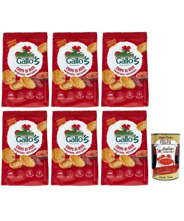 Italian Gourmet E.R. Set of 6 Riso Gallo with Red Rice Crisps Snack with Red Rice and Full Pepper Taste 40 g Bag + Gourmet Italian Tomato Pulp Box 400 g
