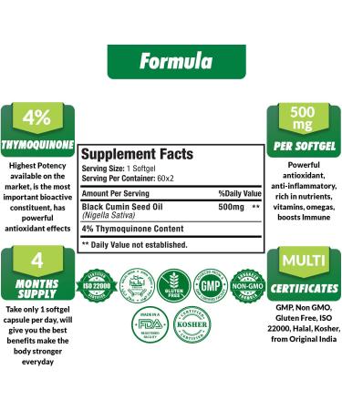 Organic Black Seed Oil Capsules 500mg - 2 Packs, 4 Months Supply | 4% Thymoquinone, Vitamin E & Omega 3 6 9 | Immune System & Joint Health Support - Buy Online on GoSupps.com
