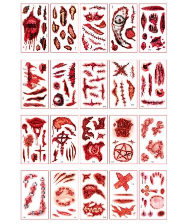 TOPORTY 20 Sheets Halloween Scar Tattoos Temporary 3D Horror Realistic Fake Bloody Wound Zombie Tattoo Sticker Halloween Masquerade Prank Makeup Props