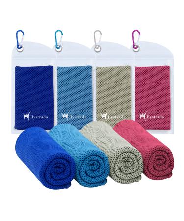 Hystrada 4 Pack Cooling Towels 40" x 12"-Cooling Scarf, Cold snap Cooling Towel for Instant Cooling Relief for All Physical Activities: Golf, Fitness, Camping, Hiking, Yoga, Pilates Rose Red, Blue, Grey, Dark Blue