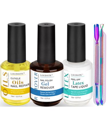 LOUINSTIC Gel Nail Polish Remover - Gel Polish Remover Kit with Cuticle Oil & Latex Tape & Colored Peel Off Manicure Tools Gel Remover for Nails 2-5 Minutes No Soaking Wrapping Gel Nail Polish Remover & Cuticle Oil & Latex Tape & Colored Peel Off Manicure