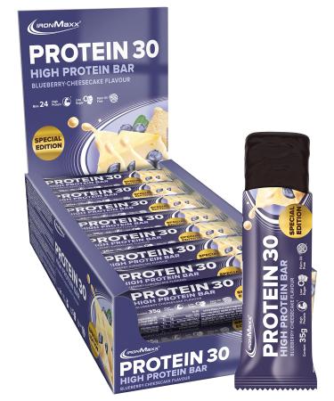 Ironmaxx protein 30 protein bar - Blueberry 24 x 35g |Palm oil -free and gluten -free protein bar with vitamins |Suitable for sugar-reduced and low-carb diet Blueberry Cheesecake 24 pieces (1 Pack)