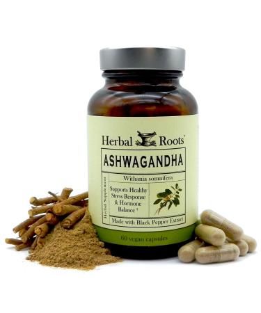 Herbal Roots Ashwagandha Capsules  Extra Strength Pure Ashwagandha & BioPerine - Immune, Stress, & Mood Support for Men and Women - 60 Vegan Capsules - Made in USA