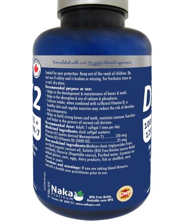 Naka Platinum Vitamin D (1000 IU) + Vitamin K2 (120 mcg) (300 Count (Pack of 1)) - Buy Online on GoSupps.com