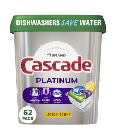 Cascade Platinum Dishwasher Pods, Dishwasher Detergent, Dishwasher Pod, Dishwasher Soap Pod, Actionpacs Dish Washing Pod, Lemon, 62 Count Dishwasher Detergent Pods 62 Count (Pack of 1)
