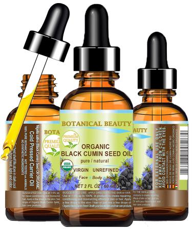 Botanical Beauty Organic BLACK CUMIN SEED OIL Nigella sativa 100% Pure Natural Virgin Undiluted 2 Fl.oz.- 60 ml for Face Skin Hair Lip Nails. Rich in Vitamin C vitamin E