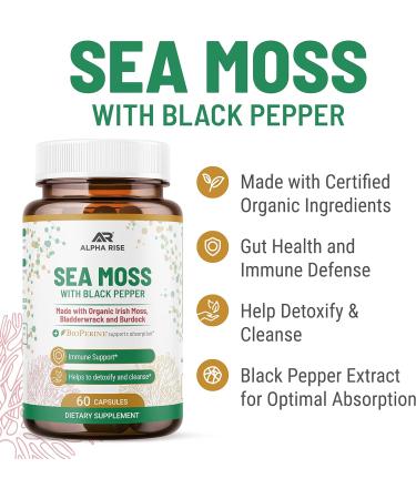 Organic Sea Moss Capsules with Bladderwrack & Burdock for Thyroid Support - Enhanced with Bioperine for Max Absorption | Detox & Cleanse Supplement - Buy Online on GoSupps.com