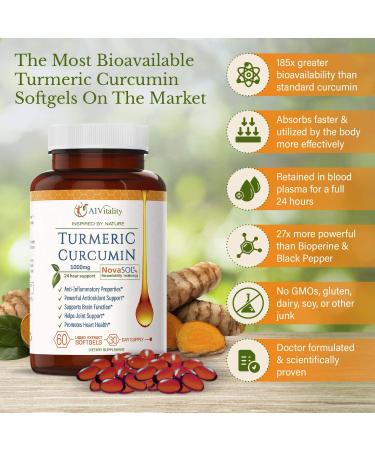 A1 Vitality Turmeric Curcumin NovaSOL Supplements 1000mg - Powerful Inflammation & Joint Pain Relief - 185x More Bioavailable Than Turmeric Black Pepper Capsules - Natural Softgels - Buy Online on GoSupps.com