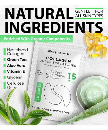 Premium Lab Collagen & Green Tea Under Eye Patches - Reduce Wrinkles, Dark Circles & Bags - 15 Pairs - Cooling Effect - Elixir - Buy Online on GoSupps.com