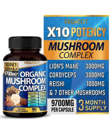 VEGATOT 10 in 1 High Strength Mushroom Supplement 9 700MG - Lions Mane  Cordyceps  Reishi - Brain Supplements for Memory and Focus ** 3-Month Supply 90 Count (pack of 1)