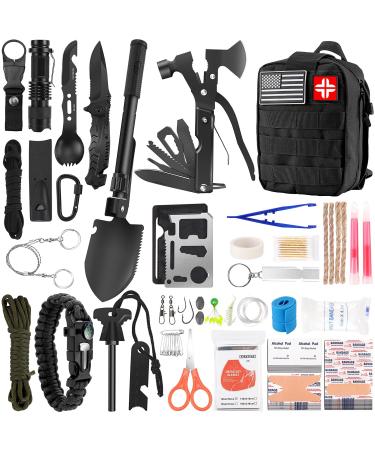 Emergency Survival Kit and First Aid Kit, 142Pcs Professional Survival Gear and Equipment with Molle Pouch, for Men Camping Outdoor Adventure Black