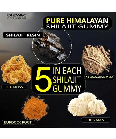 BIZYAC Organic Shilajit Gummies for Men and Women with Sea Moss & Ashwagandha 100% Himalayan Extract with 105+ Trace Minerals Burdock Root & Lion s Mane Vegan Sugar-Free 60 Gummies - Buy Online on GoSupps.com