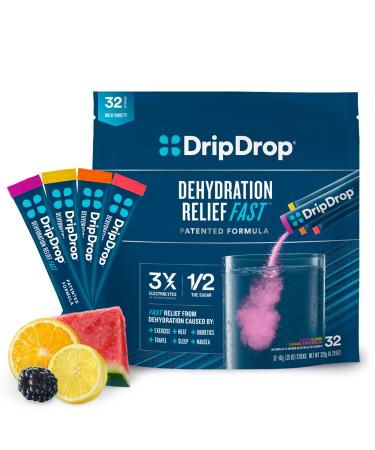 DripDrop ORS Hydration - Electrolyte Powder Packets - Watermelon, Berry, Orange, Lemon - 32 Count Bold Classics Variety Pack 32 Count (Pack of 1)