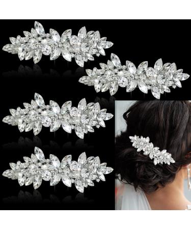 4 Pcs Wedding Hair Clips Bride Hair Barrettes Rhinestone Crystal Hair Pins Silver Leaf Hair Accessories for Bride Women Girls (Silver)