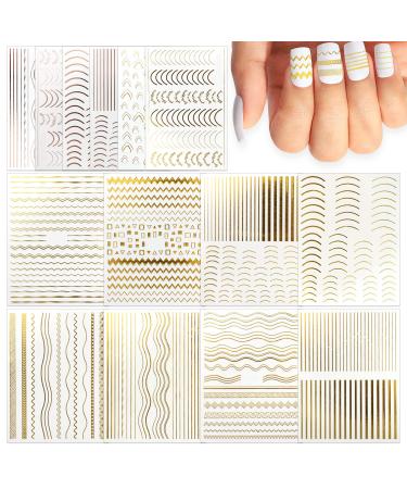 SILPECWEE 14 Sheets Gold Nail Stickers French Line Metallic Curve Strip Nail Decals Self Adhesive Nail Art Stickers Nail Design Stickers 3D Nail Decoration for Women Kids