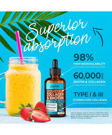 Liquid Collagen & Biotin Drops 60,000mcg - Natural USA-Made Supplement for Skin, Nails, Joints & Hair Growth - 10,000mcg Biotin & 50,000mcg Collagen - Buy Online on GoSupps.com