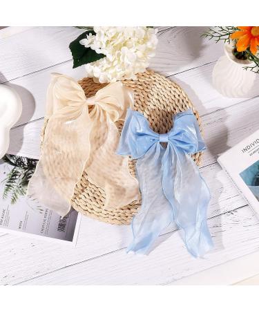 KesaPlan Large Hair Bow Clips for Women - 2PCS Big Silk Satin Bow Hair Slides - French Double Layers Hair Bows with Long Tail Ribbon - Soft Solid Color Bowknot Hairpins for Girls Teens in Blue & Beige - Buy Online on GoSupps.com