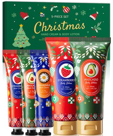 Christmas Hand Cream & Body Lition Kit-2Pcs Scented Moisturizing Body Lotion and 3Pcs Small Hand Cream for Dry Cracked Skin & Hand Fragrance Travel Size Mini Hand Lotion Skin Care Gift Set Stocking Stuffers for Women 92 g (Pack of 5)