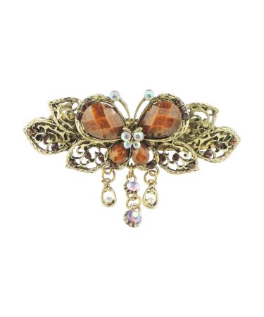 Womens Girls Crystal Rhinestone Diamante Wedding Birthday Party Evening Ponytail Fine Hair Accessories Occasion Barrette Hairpin Grip French Spring Clip Vintage Look Bronze Tone Butterfly Beige