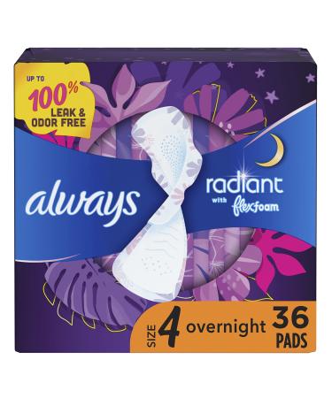 Always Radiant Overnight Feminine Pads for Women Size 4 for Nighttime with Wings Scented 36 CT Size 4 36 Count