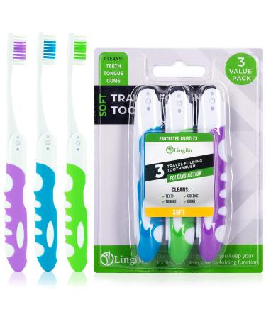 Travel Toothbrush, Portable Toothbrush Built in Cover, Travel Size Toothbrush for Hiking, Camping, and Traveling, Folding Toothbrushes, Collapsible Multi Color Travel Toothbrush Kit (3 Pack-Soft) 3 Count (Pack of 1) Soft